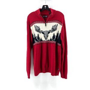 Chaps Men's 1/4 Zip Cotton Knit Cardigan Long Sleeve Moose Head Sweater Size L